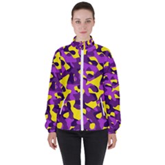 Purple And Yellow Camouflage Pattern Women s High Neck Windbreaker by SpinnyChairDesigns