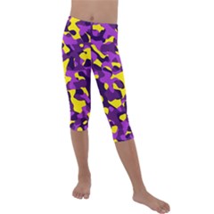 Purple And Yellow Camouflage Pattern Kids  Lightweight Velour Capri Leggings  by SpinnyChairDesigns