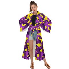 Purple And Yellow Camouflage Pattern Maxi Kimono by SpinnyChairDesigns