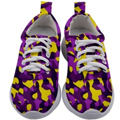 Purple And Yellow Camouflage Pattern Kids Athletic Shoes by SpinnyChairDesigns