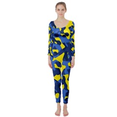 Blue And Yellow Camouflage Pattern Long Sleeve Catsuit by SpinnyChairDesigns