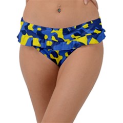 Blue And Yellow Camouflage Pattern Frill Bikini Bottom by SpinnyChairDesigns