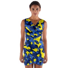 Blue And Yellow Camouflage Pattern Wrap Front Bodycon Dress by SpinnyChairDesigns