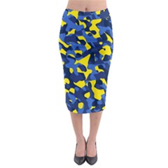 Blue And Yellow Camouflage Pattern Midi Pencil Skirt by SpinnyChairDesigns