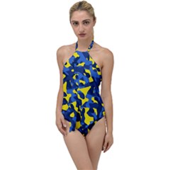 Blue And Yellow Camouflage Pattern Go With The Flow One Piece Swimsuit by SpinnyChairDesigns