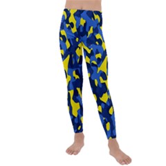 Blue And Yellow Camouflage Pattern Kids  Lightweight Velour Leggings by SpinnyChairDesigns