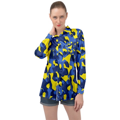 Blue And Yellow Camouflage Pattern Long Sleeve Satin Shirt by SpinnyChairDesigns