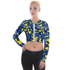 Blue And Yellow Camouflage Pattern Long Sleeve Cropped Velvet Jacket by SpinnyChairDesigns