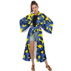 Blue And Yellow Camouflage Pattern Maxi Kimono by SpinnyChairDesigns