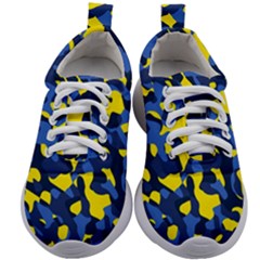 Blue And Yellow Camouflage Pattern Kids Athletic Shoes by SpinnyChairDesigns