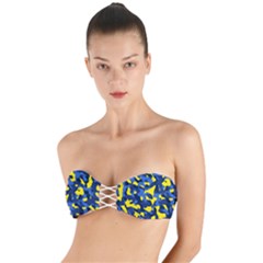 Blue And Yellow Camouflage Pattern Twist Bandeau Bikini Top by SpinnyChairDesigns