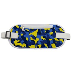 Blue And Yellow Camouflage Pattern Rounded Waist Pouch by SpinnyChairDesigns