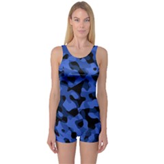 Black And Blue Camouflage Pattern One Piece Boyleg Swimsuit by SpinnyChairDesigns