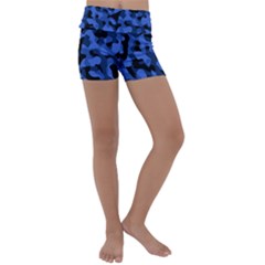 Black And Blue Camouflage Pattern Kids  Lightweight Velour Yoga Shorts by SpinnyChairDesigns