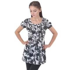 Grey And White Camouflage Pattern Puff Sleeve Tunic Top by SpinnyChairDesigns