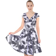 Grey And White Camouflage Pattern Cap Sleeve Front Wrap Midi Dress by SpinnyChairDesigns