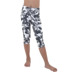 Grey And White Camouflage Pattern Kids  Lightweight Velour Capri Leggings  by SpinnyChairDesigns