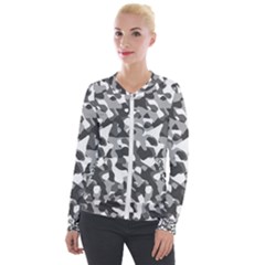 Grey And White Camouflage Pattern Velour Zip Up Jacket by SpinnyChairDesigns