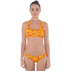 Orange And Yellow Camouflage Pattern Cross Back Hipster Bikini Set by SpinnyChairDesigns