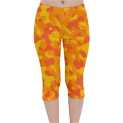 Orange And Yellow Camouflage Pattern Velvet Capri Leggings  by SpinnyChairDesigns