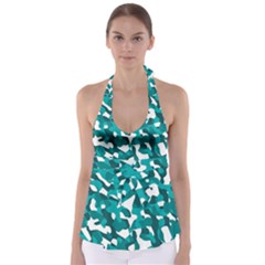 Teal And White Camouflage Pattern Babydoll Tankini Top by SpinnyChairDesigns