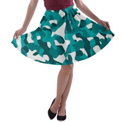 Teal And White Camouflage Pattern A-line Skater Skirt by SpinnyChairDesigns