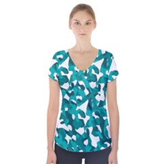 Teal And White Camouflage Pattern Short Sleeve Front Detail Top by SpinnyChairDesigns