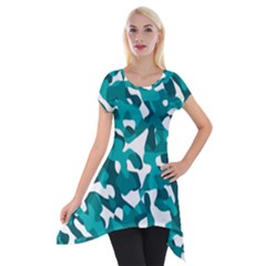 Teal And White Camouflage Pattern Short Sleeve Side Drop Tunic by SpinnyChairDesigns