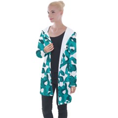 Teal And White Camouflage Pattern Longline Hooded Cardigan by SpinnyChairDesigns