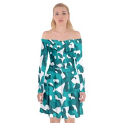 Teal And White Camouflage Pattern Off Shoulder Skater Dress by SpinnyChairDesigns