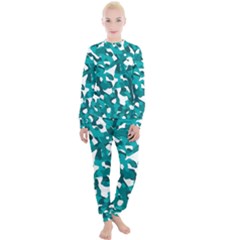 Teal And White Camouflage Pattern Women s Lounge Set by SpinnyChairDesigns