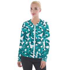 Teal And White Camouflage Pattern Velour Zip Up Jacket by SpinnyChairDesigns