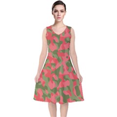 Pink And Green Camouflage Pattern V-neck Midi Sleeveless Dress  by SpinnyChairDesigns