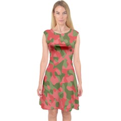 Pink And Green Camouflage Pattern Capsleeve Midi Dress by SpinnyChairDesigns