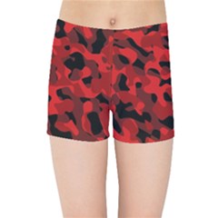 Red And Black Camouflage Pattern Kids  Sports Shorts by SpinnyChairDesigns