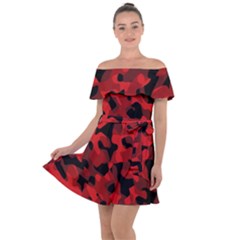 Red And Black Camouflage Pattern Off Shoulder Velour Dress by SpinnyChairDesigns