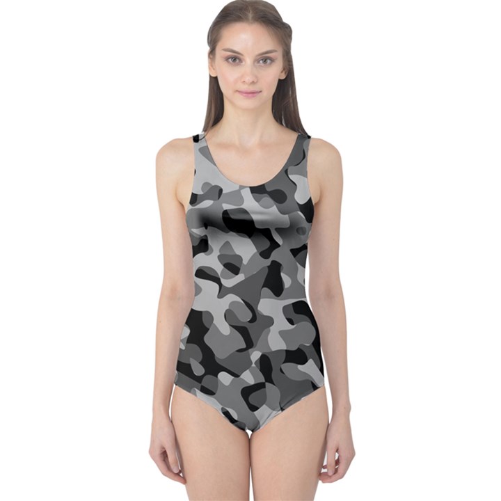 Grey and Black Camouflage Pattern One Piece Swimsuit