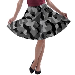 Grey And Black Camouflage Pattern A-line Skater Skirt by SpinnyChairDesigns