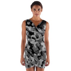 Grey And Black Camouflage Pattern Wrap Front Bodycon Dress by SpinnyChairDesigns