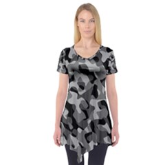 Grey And Black Camouflage Pattern Short Sleeve Tunic  by SpinnyChairDesigns