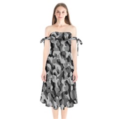 Grey And Black Camouflage Pattern Shoulder Tie Bardot Midi Dress by SpinnyChairDesigns