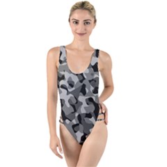 Grey And Black Camouflage Pattern High Leg Strappy Swimsuit by SpinnyChairDesigns