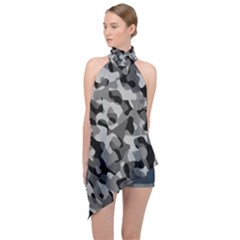 Grey And Black Camouflage Pattern Halter Asymmetric Satin Top by SpinnyChairDesigns