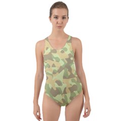 Light Green Brown Yellow Camouflage Pattern Cut-out Back One Piece Swimsuit by SpinnyChairDesigns