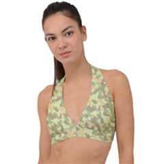 Light Green Brown Yellow Camouflage Pattern Halter Plunge Bikini Top by SpinnyChairDesigns