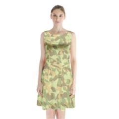 Light Green Brown Yellow Camouflage Pattern Sleeveless Waist Tie Chiffon Dress by SpinnyChairDesigns