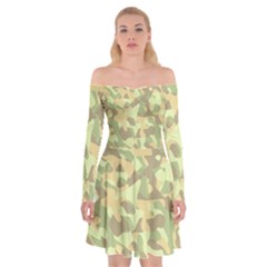 Light Green Brown Yellow Camouflage Pattern Off Shoulder Skater Dress by SpinnyChairDesigns