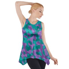 Purple And Teal Camouflage Pattern Side Drop Tank Tunic by SpinnyChairDesigns