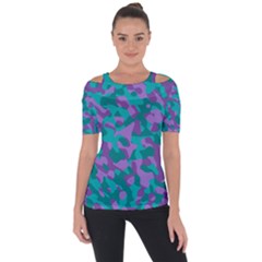 Purple And Teal Camouflage Pattern Shoulder Cut Out Short Sleeve Top by SpinnyChairDesigns