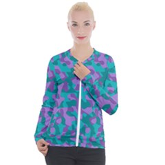 Purple And Teal Camouflage Pattern Casual Zip Up Jacket by SpinnyChairDesigns